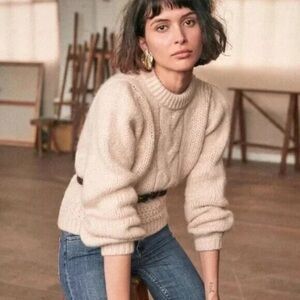 EUC Sezane Serena Mohair Blend Cable Knit Puff Sleeve Sweater Ecru XS